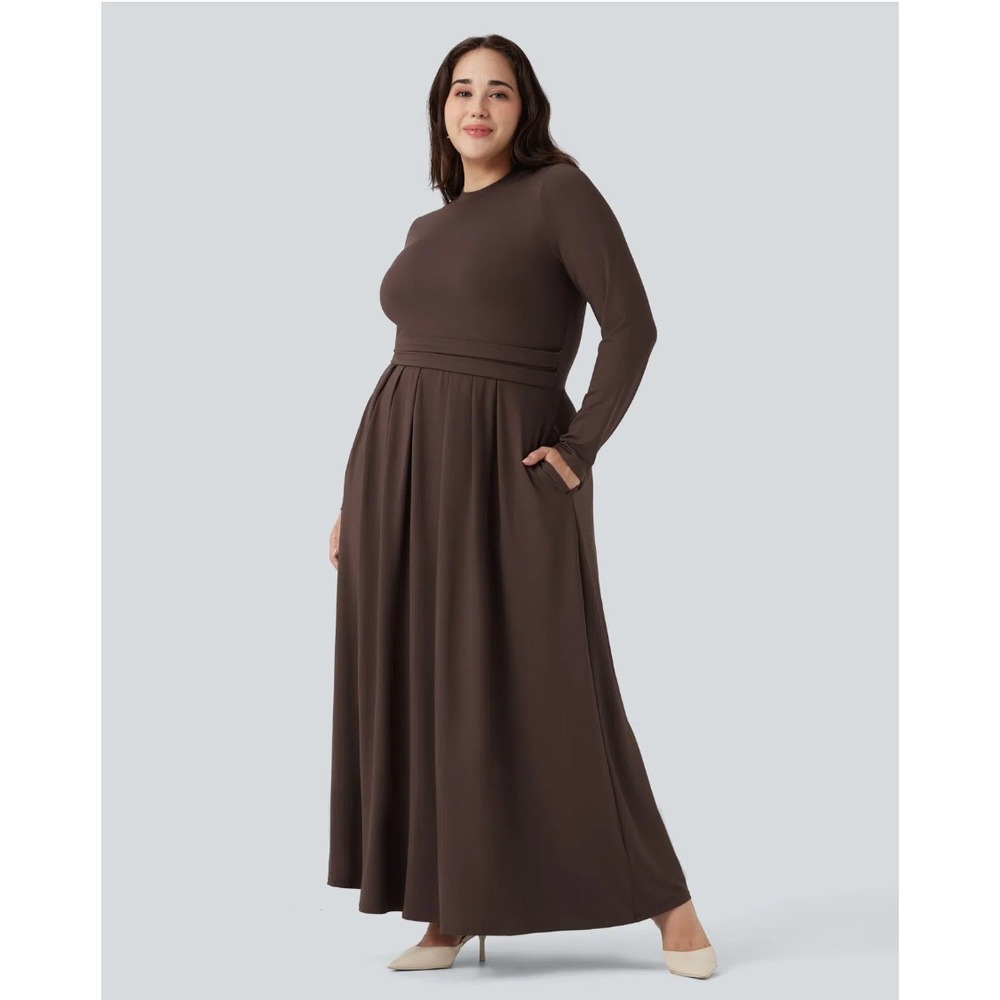 Halara Mock-neck Long Sleeve Flare Maxi Casual Plus Size Dress‎ with Pockets 3X